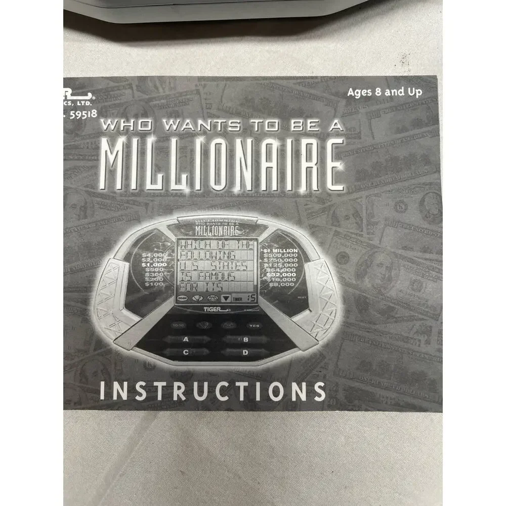 TIGER WHO WANTS TO BE A MILLIONAIRE HAND HELD GAME W/ CARTRIDGE & Manual Works